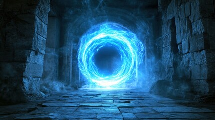 Fototapeta premium A glowing portal appearing in the middle of an ancient ruin, its swirling energy casting a blue light