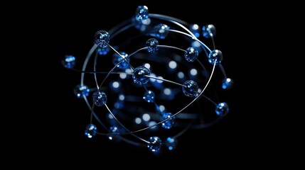 Abstract 3D Render of Blue Glowing Network Sphere on Dark Black Background