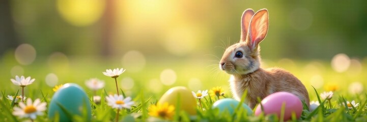 Fototapeta premium Bunny ears with eggs in a meadow of flowers, bunny ears, nature, flowers