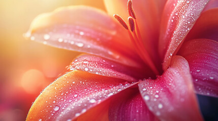 Dew-Covered Flower, Pink and Orange Petals, Macro Photography