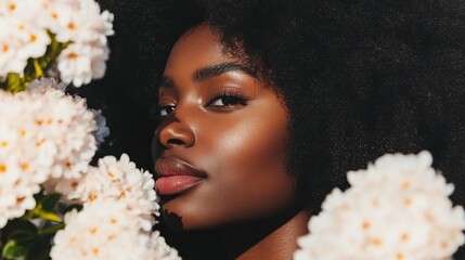 A close-up of a beautiful Black woman smiling surrounded by flowers.