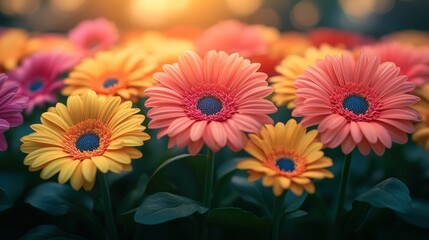Vibrant gerbera flowers in sunset glow
