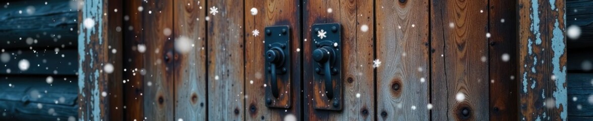 Obraz premium Snowflakes gently falling on a rustic wooden door, rustic, winter