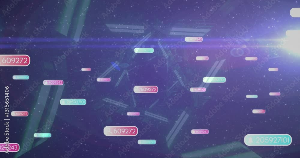 Aufkleber floating numbers and digital animation over cosmic background with lens flare