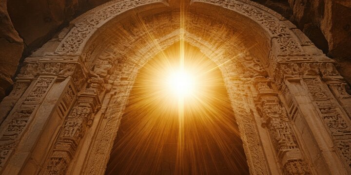 Ornate Ancient Stone Archway Illuminated by Intense Golden Light Beam and Starburst
