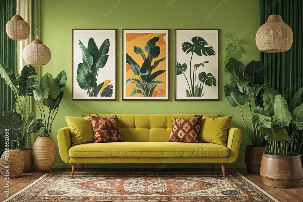 Poster unique artistic design on a chartreuse backdrop � retro vector banner layout
