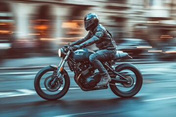 Motorcyclist riding through a city street at dusk