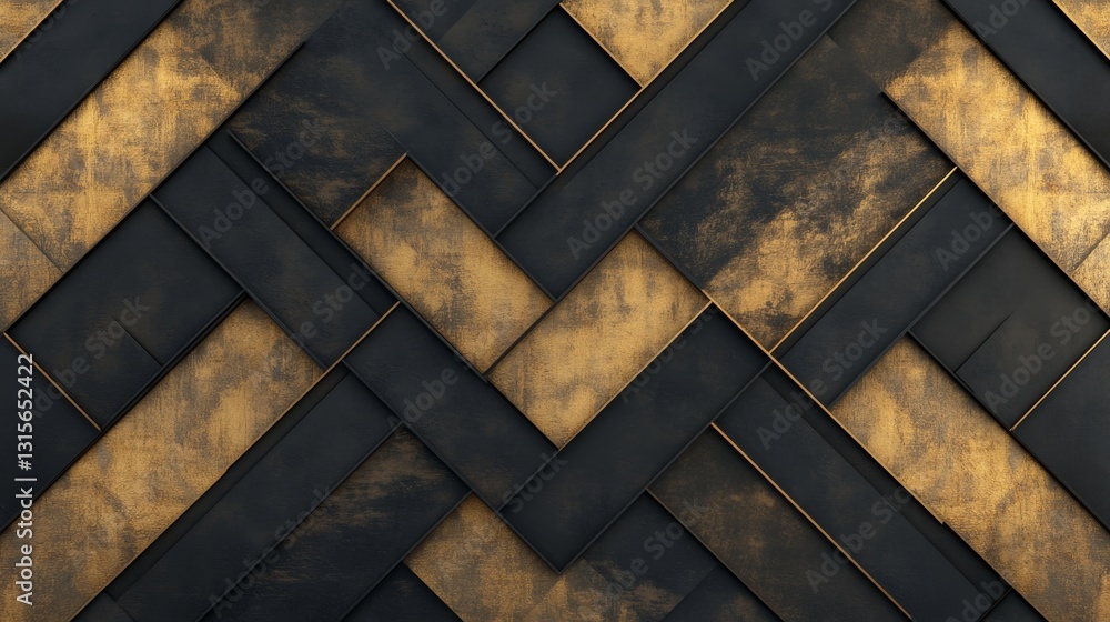 Wall mural abstract geometric pattern of interlocking golden and dark rectangles