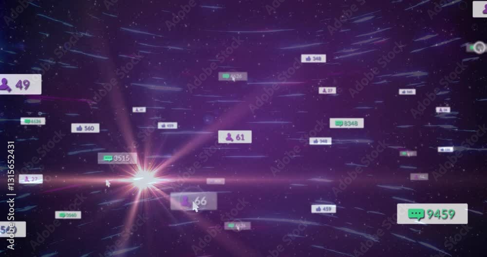 Poster digital animation with cosmic theme displaying floating social media notifications