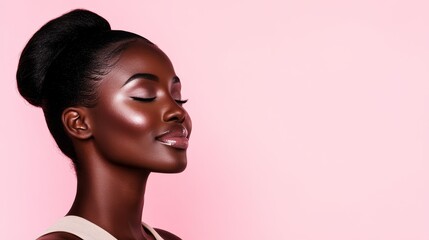 A close-up of a beautiful Black woman with a smile on her face, having her hair tied back. The image conveys a sense of inner peace and wellbeing.