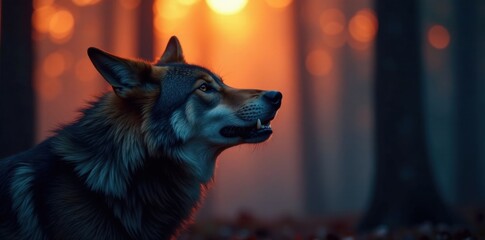 Close-up of a howling wolf's face at dusk in a misty forest environment, nature scene, wildlife photography, wild canines