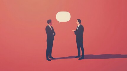 Two businessmen with speech bubble against a red background