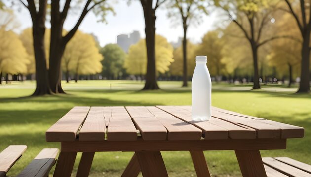 A mockup of a blank plastic bottle, placed on a picnic table in a park