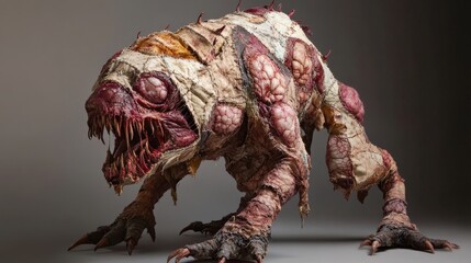 A grotesque beast covered in patches of human-like skin, stitched together in a horrific patchwork