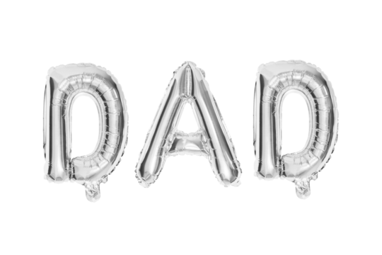 DAD – Silver balloons spelling "DAD," a stylish and heartfelt decoration for a special occasion. Inflated with helium or air, they are designed for festive occasions like Father’s Day or birthdays. - Powered by Adobe