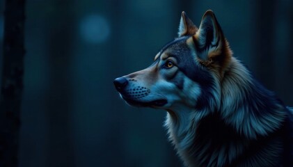 Obraz premium Close-up portrait of a howling wolf's face in the darkness, howling wolf, nighttime scene, forest creature