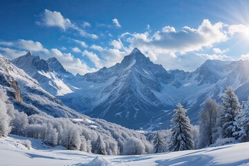 Breathtaking Winter Landscape with Snow-Capped Mountains and Clear Blue Sky