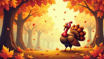 Colorful autumn leaves falling from a tree with cartoon turkey in the center, autumn, festive , cartoon