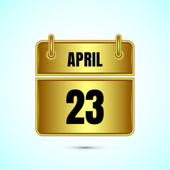 April 23 calendar and time planner on gold background. Daily calendar icon, schedule symbol