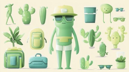 Big Set of Cute 3D Character and Summer Travel Icons, Cacti Plants, and Green Accessories