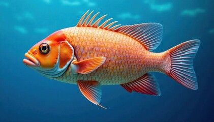 Fototapeta premium Colorful fish with scales and fins in blue background, seafood icon, scales, ocean food