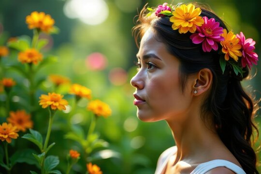 Hierbas medicinales y flores en un ramo rodeadas de una mujer, herbalism, flora