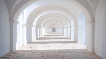 Obraz premium A long white tunnel-like corridor with arches and pillars leading to a closed door