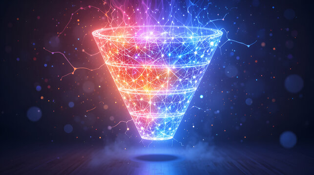 A funnel shape, glowing with energy, showing the sales funnel process from lead to conversion.