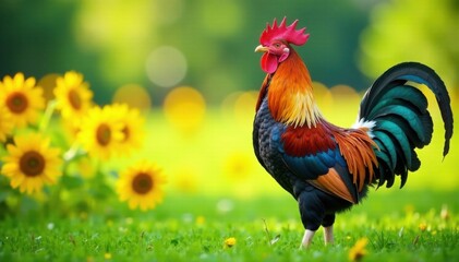 Fototapeta premium Colorful rooster in a lush green meadow with sunflowers, rooster, landscape, farm