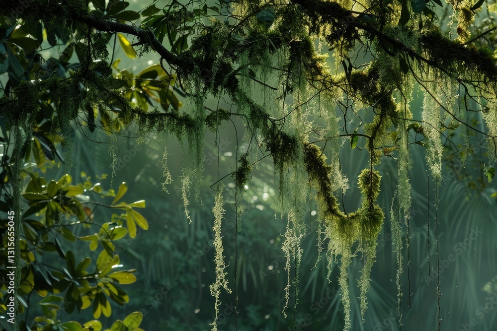 Poster a close-up image of moss hanging from tree branches in a misty forest, moss hanging like curtains fr