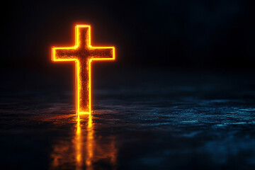 a glowing golden cross against a black background, symbolizing hope and light in jesus christ.