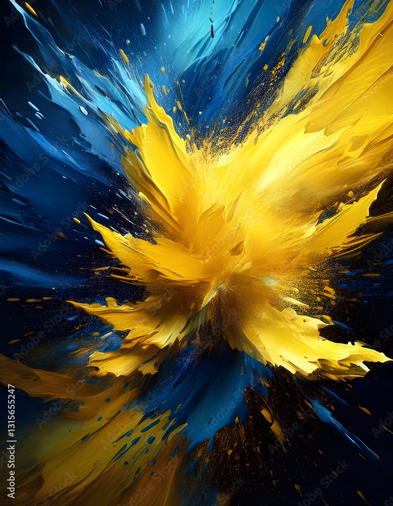 Aufkleber explosive burst of yellow and blue powder, creating a dynamic and abstract composition against a dar