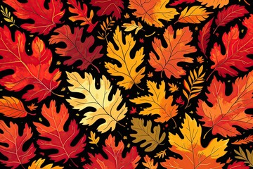 Autumn Artwork Featuring Whimsical Leaf Patterns in Warm Red Mustard Yellow and Vivid Orange Colors