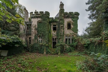 Fototapeta premium An old, abandoned castle, overgrown with ivy and moss, stands in a lush green field, An abandoned castle overtaken by ivy and moss