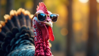 Cool turkey wearing trendy sunglasses with a laid-back expression, trendy animals, cartoon birds, casual bird