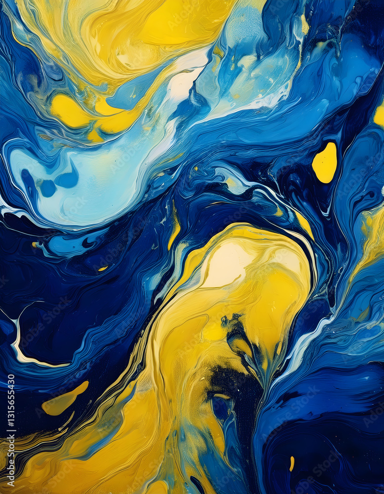 Poster fluid swirls of blue and yellow create a dynamic, abstract pattern with a marble-like texture and go