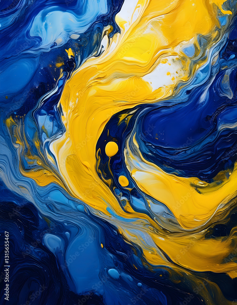 Poster fluid swirls of blue and yellow create a dynamic, abstract pattern with a marble-like texture and go