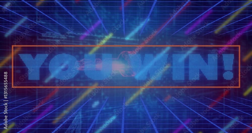 Aufkleber neon animation with you win! text and colorful streaks on grid background