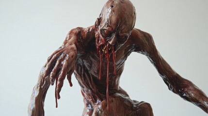 Fototapeta premium A grotesque humanoid figure with flesh that looks like rotting meat, constantly dripping blood