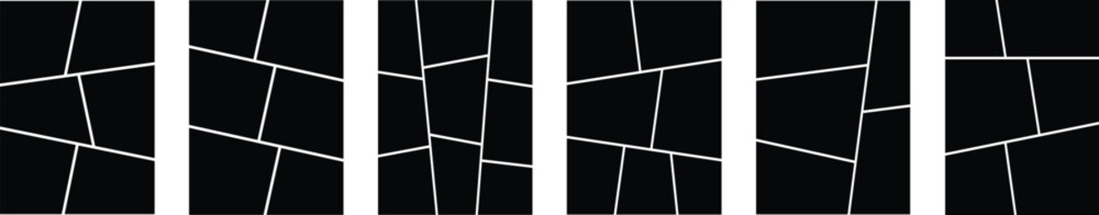 Photo collage frame icon set. Collage grid manga, Empty page frame for comic book, photo collage, isolated on transparent background. Picture frames, digital photo wall template, vector illustration.