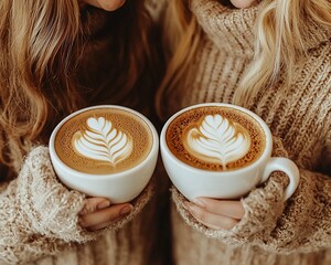 Two women holding coffee cups with latte art in cozy cafe. Possible use Lifestyle, coffee shop, autumn