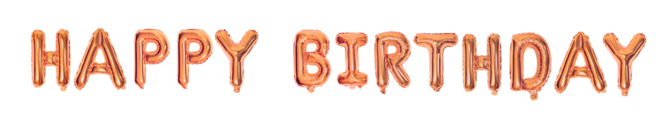 HAPPY BIRTHDAY – Luxurious rose gold balloons spelling "HAPPY BIRTHDAY," an elegant party decoration. The balloons have a metallic sheen, adding an elegant and festive touch. © Sviatlana Barysevich