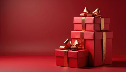 Stacked red gift boxes with gold ribbons and bows, christmas, festive, gift wrapping