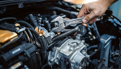 Close-up shot of a mechanic's hand using a wrench on a car engine.  High-quality image ideal for automotive repair, maintenance, and DIY projects.  Shows intricate detail of engine components.