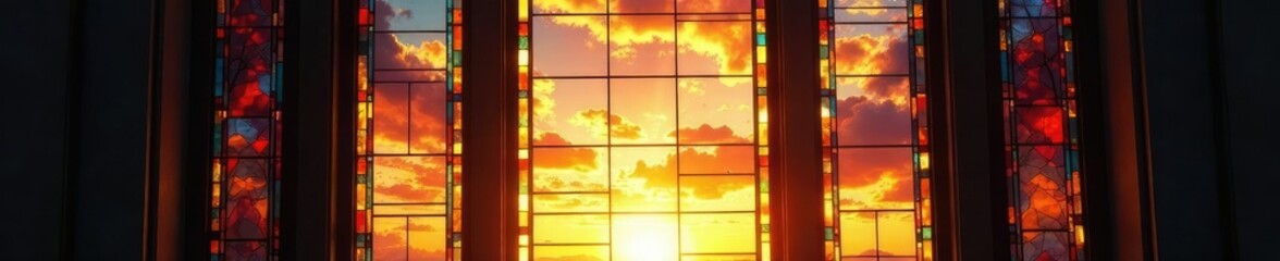 Stained glass window with a sunlit sky behind, illumination, sky