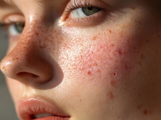 close up of a woman&rsquo;s face with redness and pustules on the left side and clear skin on the right side.