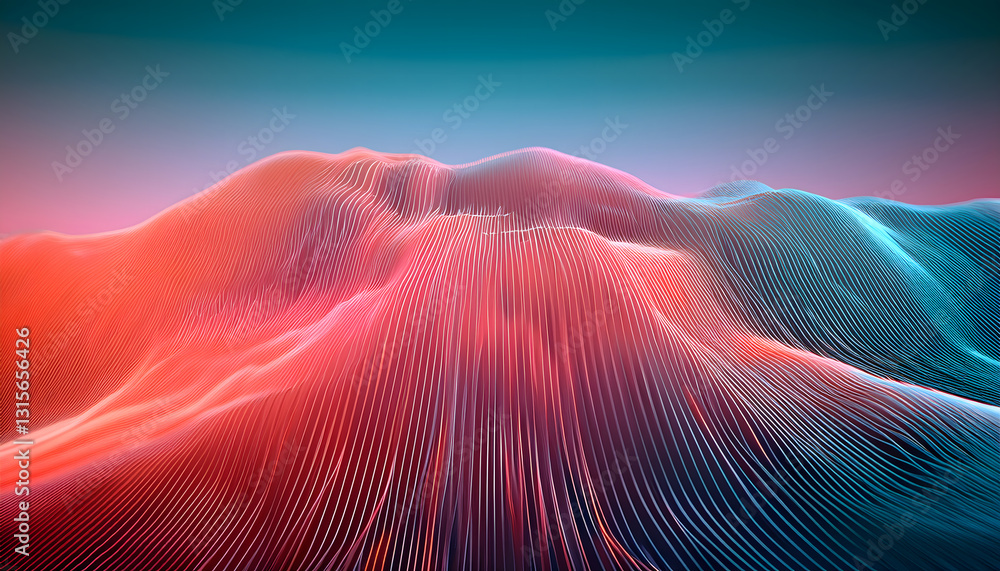 Poster abstract landscape of flowing lines, blending cool blue and warm red, creating a sense of depth and 