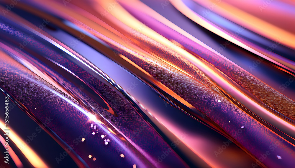 Poster metallic waves with a soft sheen, reflecting warm and cool tones, creating a fluid, abstract texture