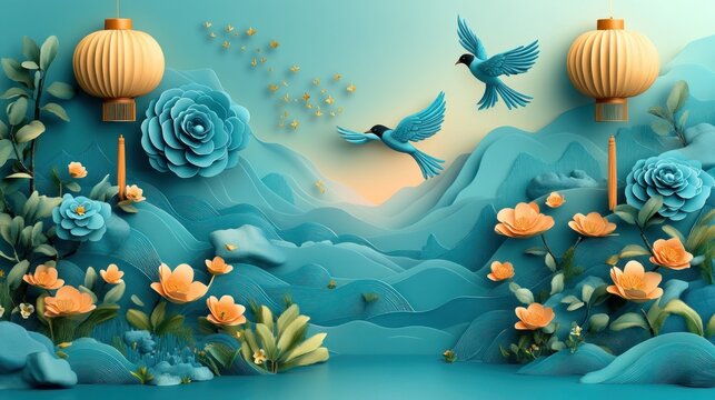 Fototapeta Vibrant paper art landscape