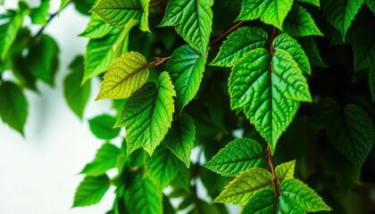 Fototapeta na wymiar Vibrant green leaves, intricate details, crisp white backdrop, healthy, tropical